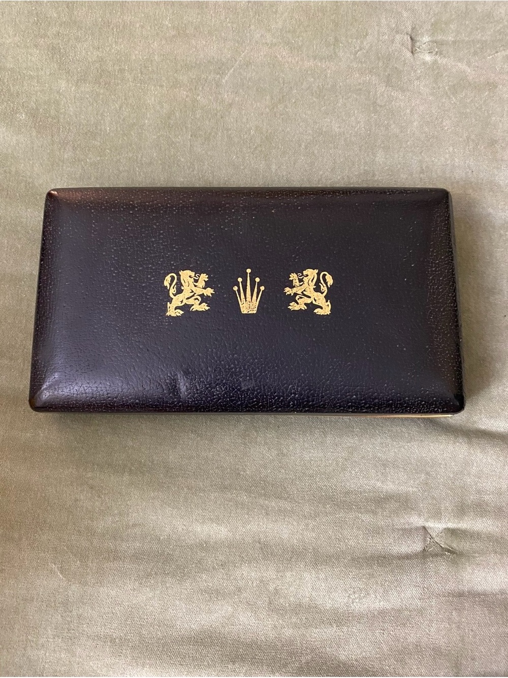 Farringtons 1950s Black Leatherette Vallet Jewelery Box with Gold Crest